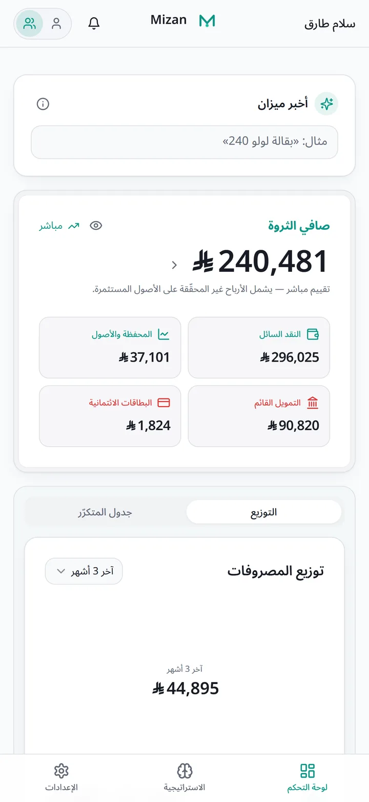 لوحة ميزان مع صافي الثروة والنقد والمحفظة والتمويل والبطاقات